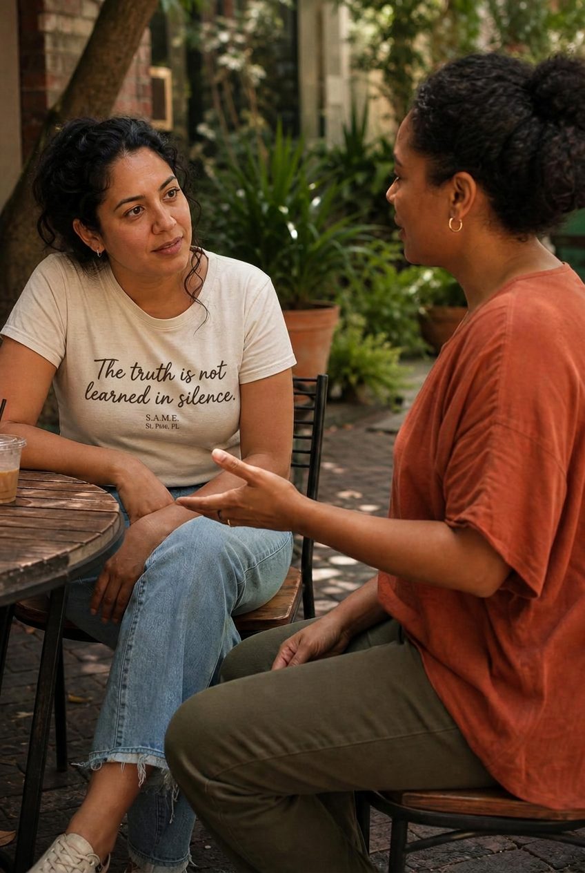 Two women in direct one-on-one conversation at an outdoor café table in St. Petersburg. A Hispanic woman listens attentively as a light-skinned Black woman speaks and gestures.