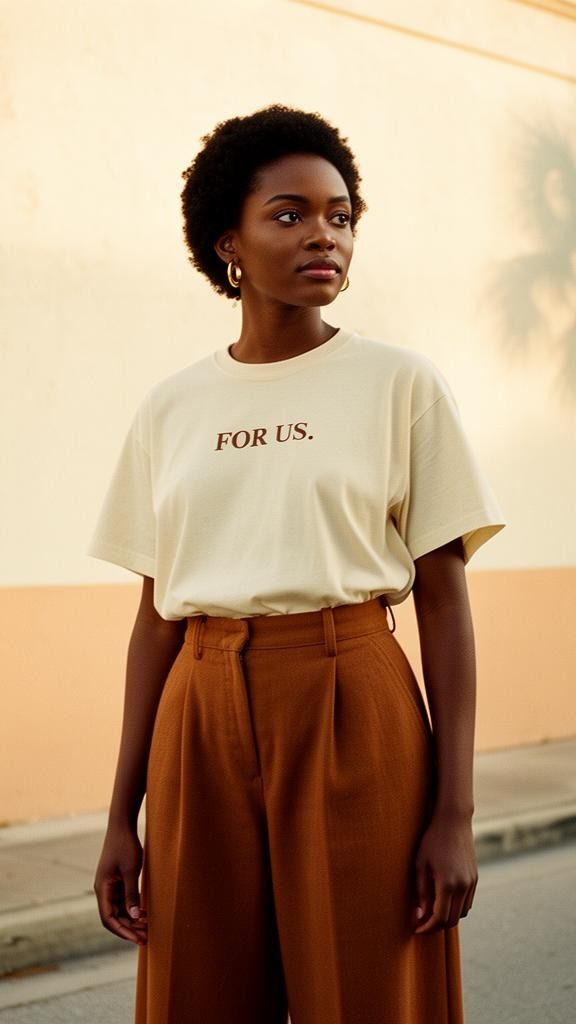 A young Black woman on a St. Petersburg street in warm afternoon light, wearing a cream tee printed with For Us.