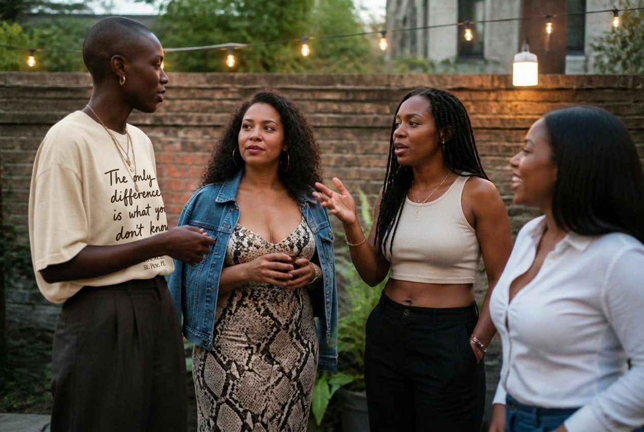 Four women in an outdoor evening gathering under string lights in St. Petersburg, three in animated conversation, gestures and expressions visible.