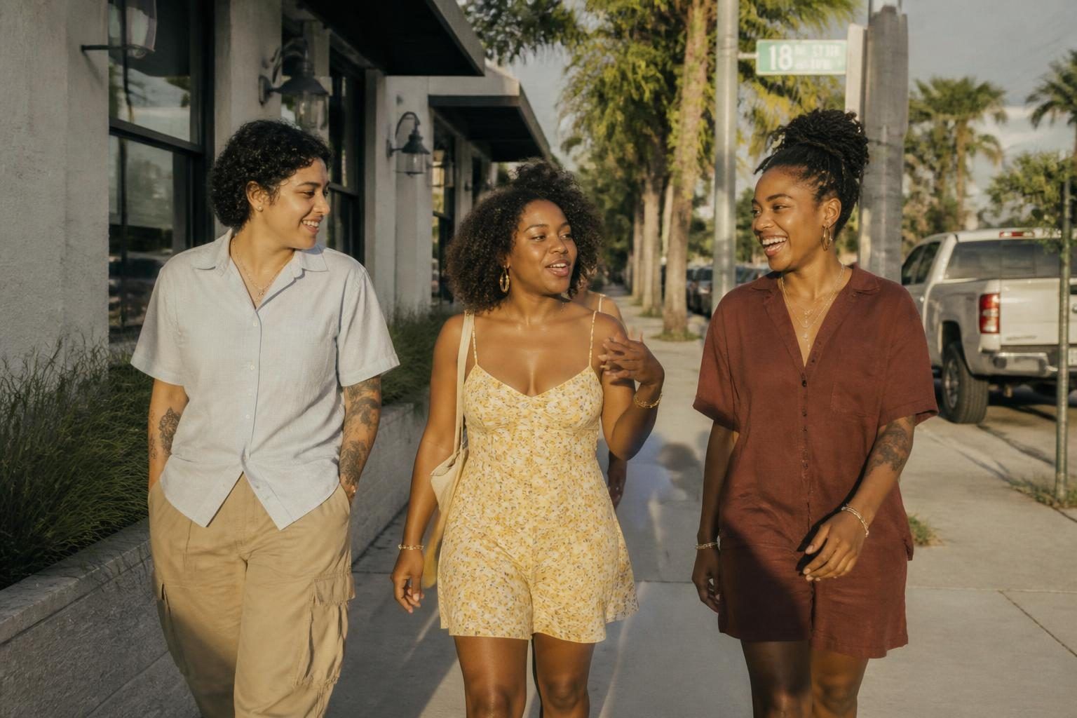 Three women walking a St. Petersburg sidewalk together in late afternoon light.