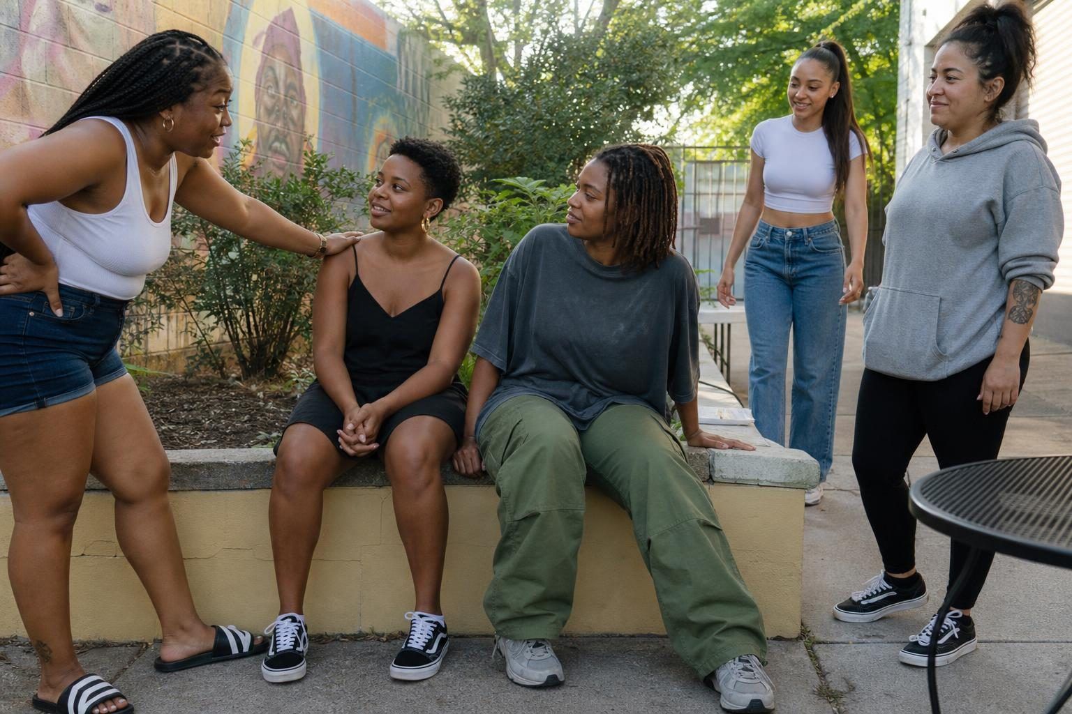 Five women interacting in a muralled St. Petersburg courtyard.