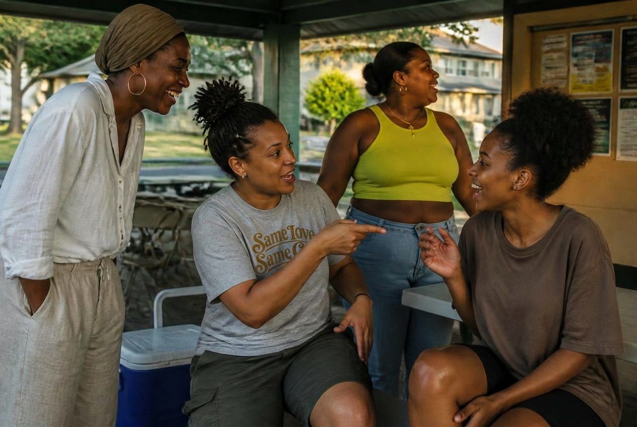 Four women gathered under a neighborhood park pavilion, mid-conversation.
